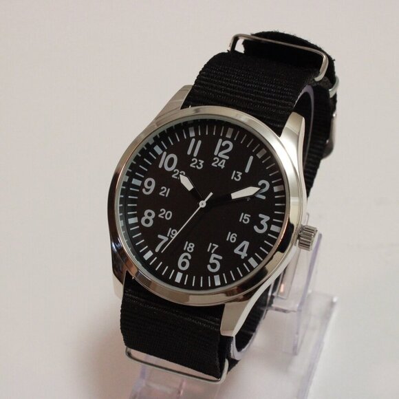 Men's Quartz Field Watch Silver Tone Case Black Military Strap 42mm - Picture 4 of 11